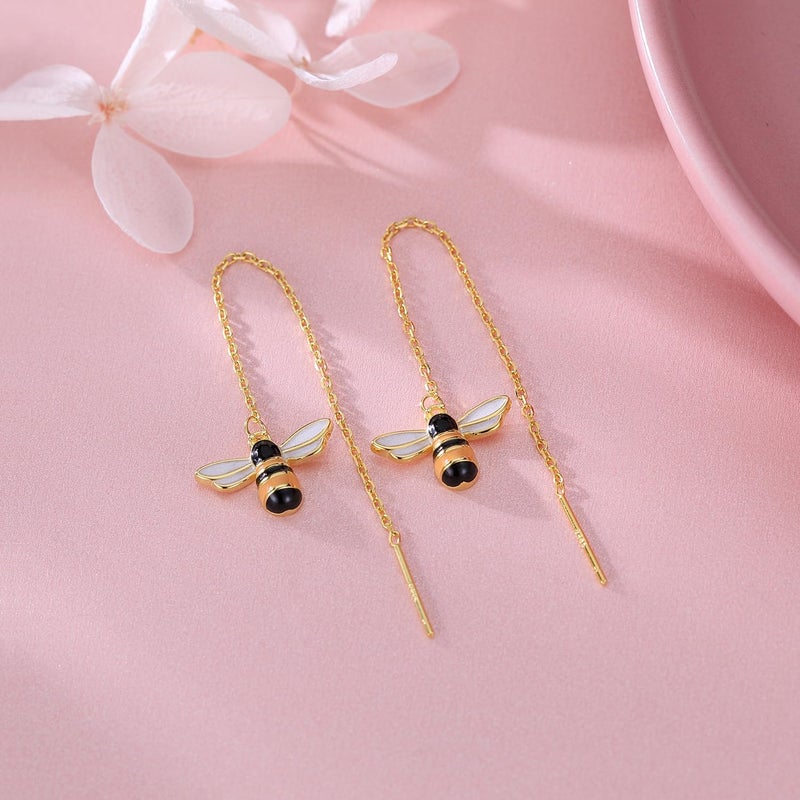 SLUYNZ 925 Sterling Silver Bumble Bee Dangle Earrings for Women Threader Earrings Chain (18K Gold Plated) - Image 3